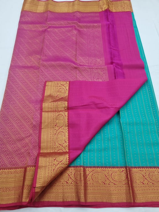 Green And Gold Kanchipuram Pure Silk Saree With Temple Border – Kanchipuram Lakshaya Silks
