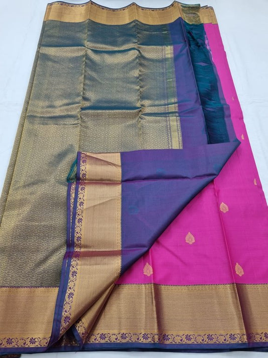 Pink And Gold Kanchipuram Pure Silk Saree With Temple Border – Kanchipuram Lakshaya Silks