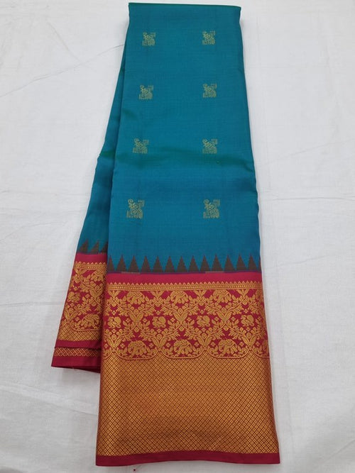 Teal And Red Kanchipuram Pure Silk Saree With Zari Border – Kanchipuram Lakshaya Silks