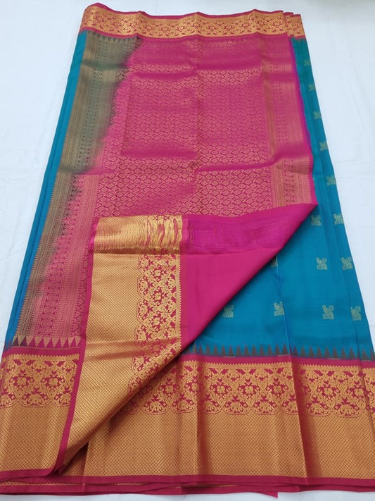 Teal And Red Kanchipuram Pure Silk Saree With Zari Border – Kanchipuram Lakshaya Silks