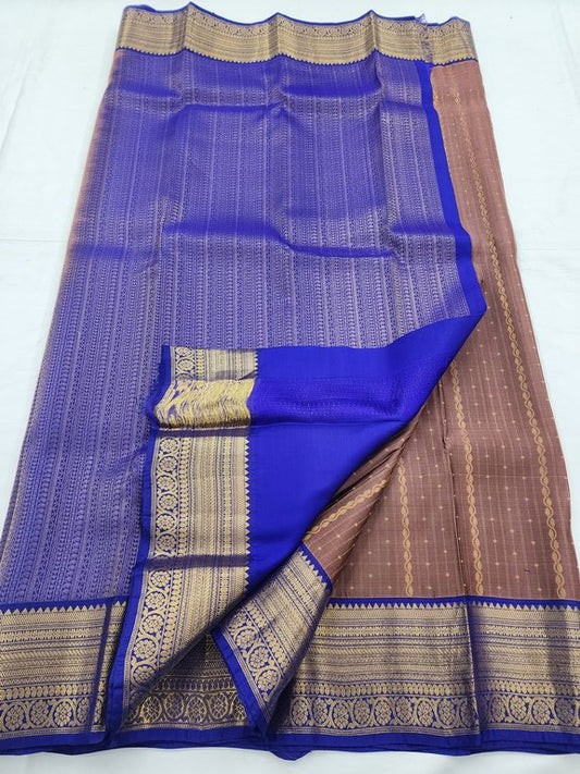 Blue And Yellow Kanchipuram Pure Silk Saree With Striped Pallu – Kanchipuram Lakshaya Silks