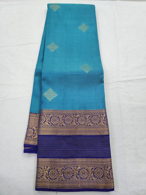 Blue And Beige Kanchipuram Pure Silk Saree With Traditional Motif – Kanchipuram Lakshaya Silks