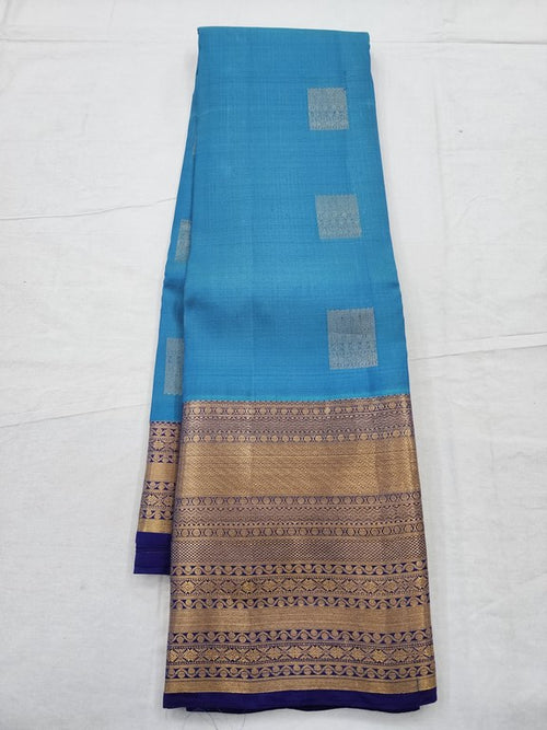 Blue And Green Kanchipuram Pure Silk Saree With Woven Border – Kanchipuram Lakshaya Silks