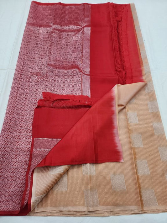 Beige and Red Kanchipuram Pure Silk Saree 122 – Kanchipuram Lakshaya Silks