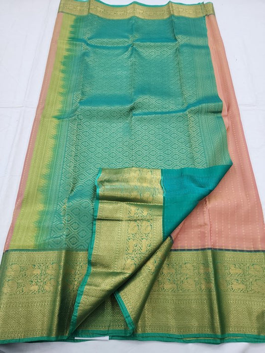 Pure Fancy Silk, Soft Satin Blends, Lightweight Fancy Weaves Kanchipuram Pure Silk Sarees - Green And Orange Kanchipuram Pure Silk Sarees – Kanchipuram Lakshaya Silks