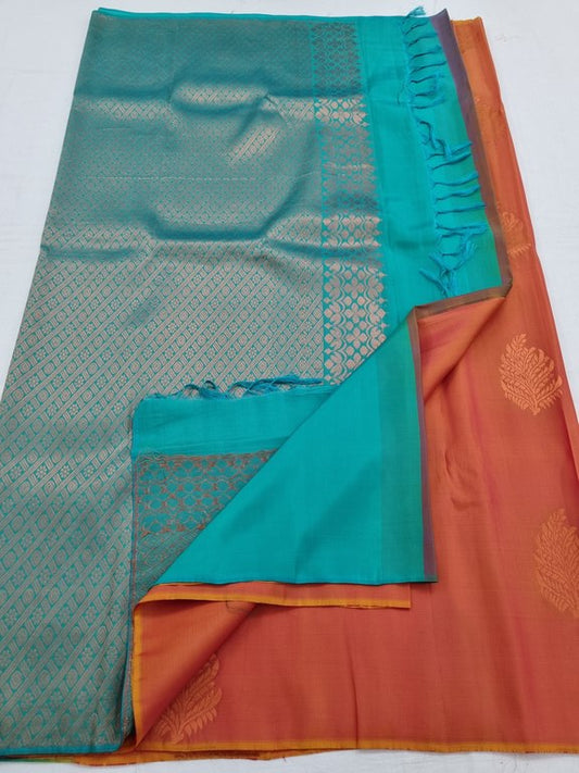 Orange And Orange Kanchipuram Pure Silk Saree With Floral Buta – Kanchipuram Lakshaya Silks