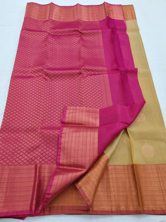 Yellow And Orange Kanchipuram Pure Silk Saree With Striped Pattern – Kanchipuram Lakshaya Silks