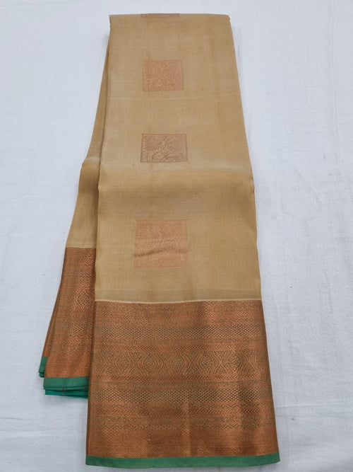 Brown And Tan Kanchipuram Pure Silk Saree With Light And Dark Stripes – Kanchipuram Lakshaya Silks