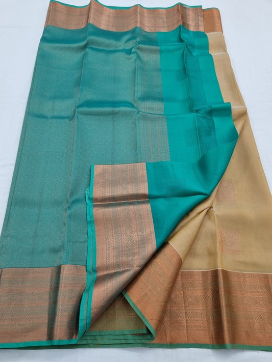 Brown And Tan Kanchipuram Pure Silk Saree With Light And Dark Stripes – Kanchipuram Lakshaya Silks