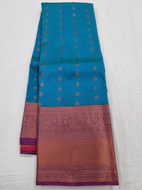 Blue And Orange Kanchipuram Pure Silk Saree With Temple Border – Kanchipuram Lakshaya Silks