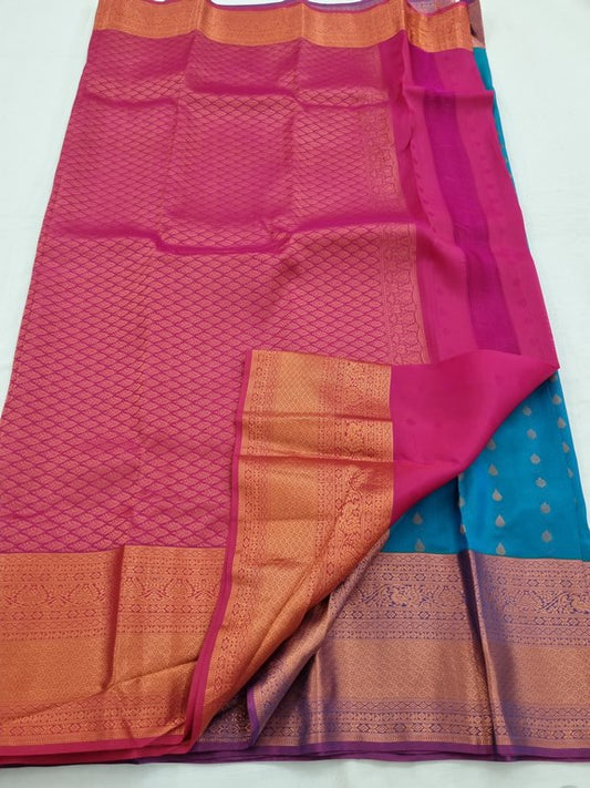 Blue And Orange Kanchipuram Pure Silk Saree With Temple Border – Kanchipuram Lakshaya Silks