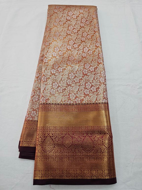 Orange And Gold Kanchipuram Pure Silk Saree With Floral Buta – Kanchipuram Lakshaya Silks