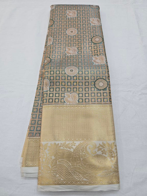 Gold And Cream Kanchipuram Pure Silk Saree With Floral Motif In Border – Kanchipuram Lakshaya Silks