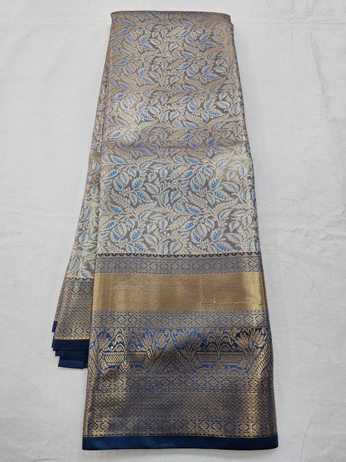 Blue And Gold Kanchipuram Pure Silk Saree With Striped Pattern – Kanchipuram Lakshaya Silks