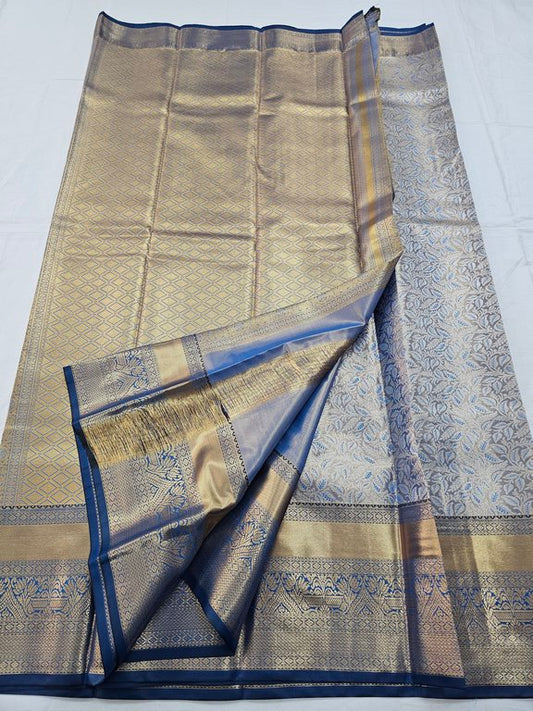 Blue And Gold Kanchipuram Pure Silk Saree With Striped Pattern – Kanchipuram Lakshaya Silks