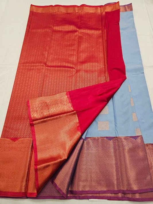 Gold And Blue Kanchipuram Pure Silk Saree With Checked Pattern – Kanchipuram Lakshaya Silks