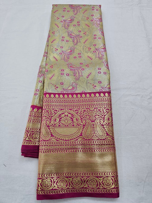 Pink And Gold Kanchipuram Pure Silk Saree With Floral Buta – Kanchipuram Lakshaya Silks