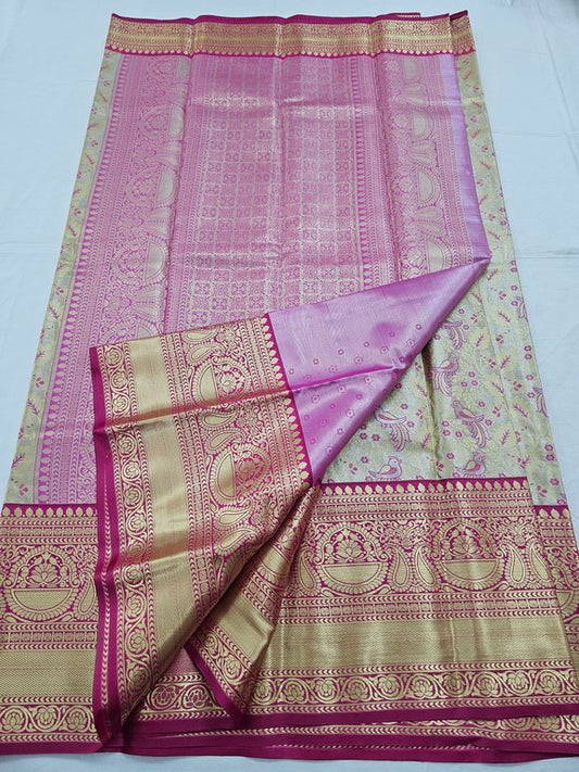 Pink And Gold Kanchipuram Pure Silk Saree With Floral Buta – Kanchipuram Lakshaya Silks