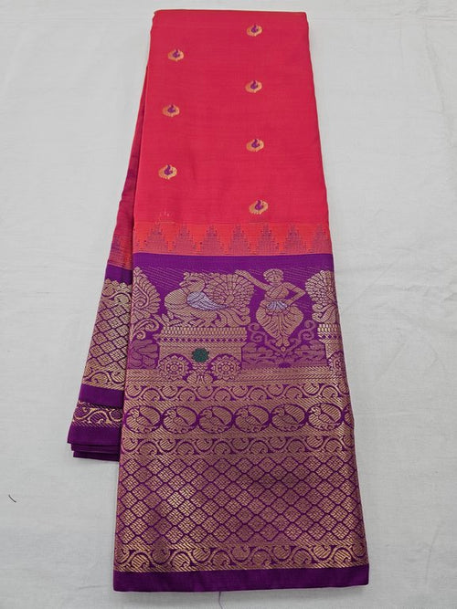 Maroon And Yellow Kanchipuram Pure Silk Saree With Temple Border – Kanchipuram Lakshaya Silks