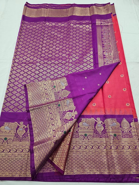 Maroon And Yellow Kanchipuram Pure Silk Saree With Temple Border – Kanchipuram Lakshaya Silks