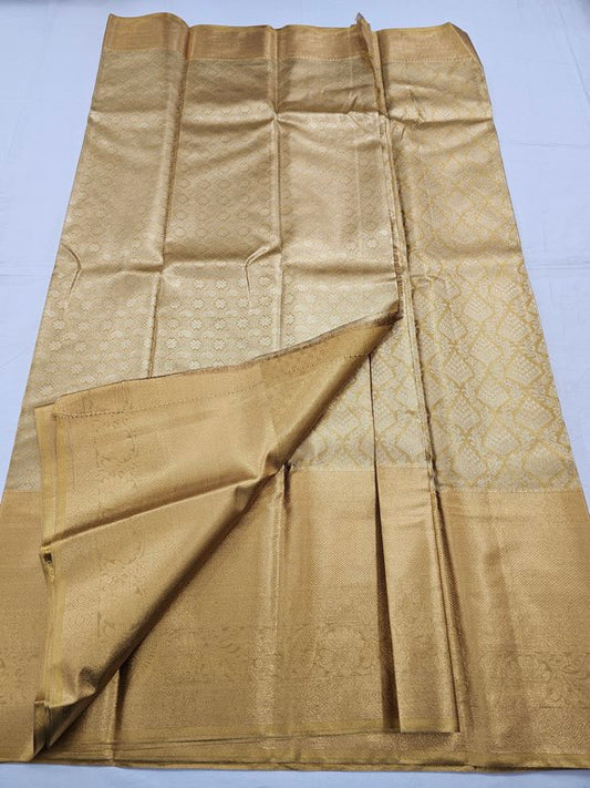 Gold And White Kanchipuram Pure Silk Saree With Striped Pattern – Kanchipuram Lakshaya Silks