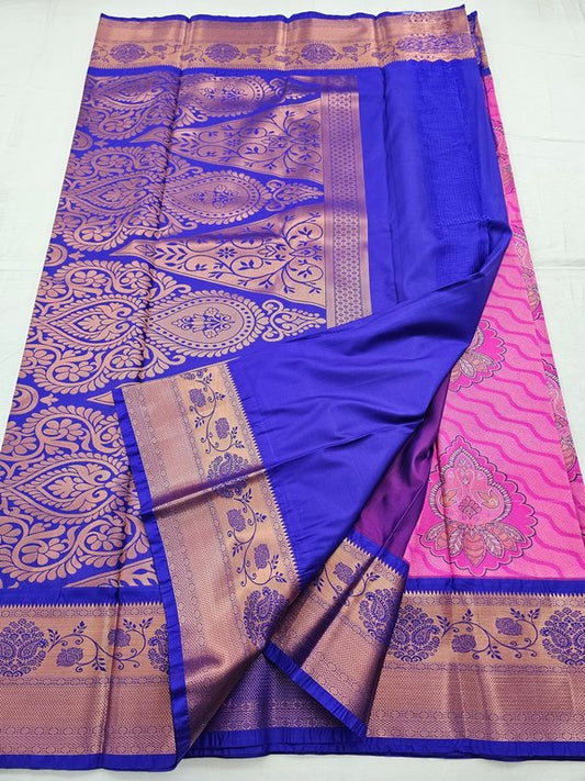 Pink And Maroon Kanchipuram Pure Silk Saree With Floral Buta – Kanchipuram Lakshaya Silks