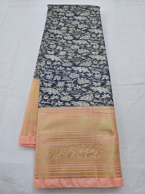 Blue And Black Kanchipuram Pure Silk Saree With Floral Buta – Kanchipuram Lakshaya Silks
