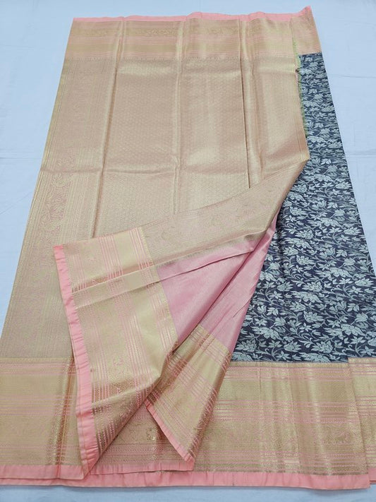 Blue And Black Kanchipuram Pure Silk Saree With Floral Buta – Kanchipuram Lakshaya Silks