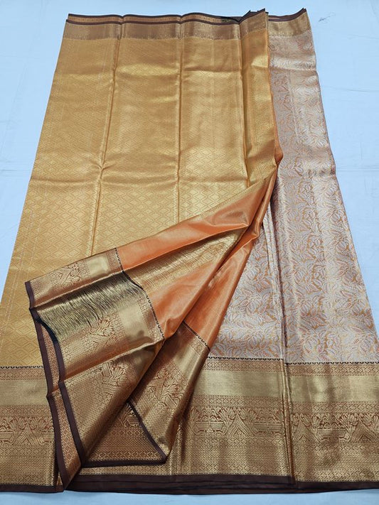 Gold And Brown Kanchipuram Pure Silk Saree With Contrast Pallu – Kanchipuram Lakshaya Silks