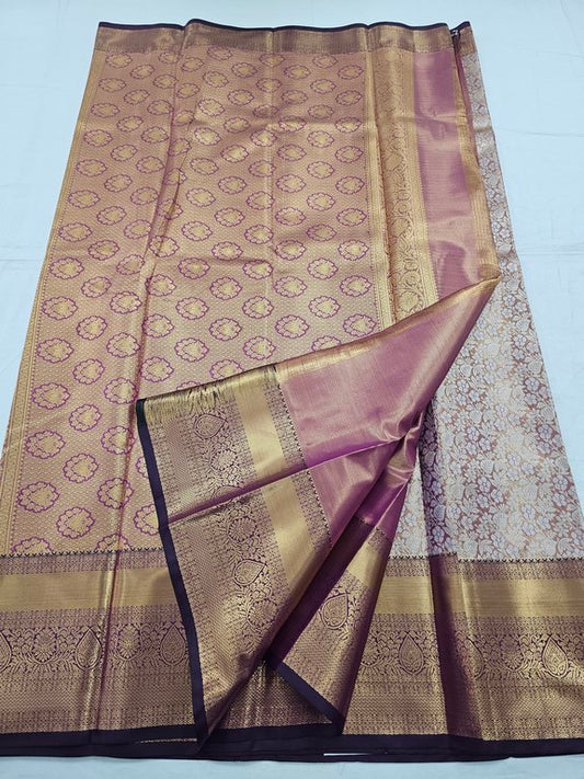 Brown And Beige Kanchipuram Pure Silk Saree With Gold Paisley Motif – Kanchipuram Lakshaya Silks