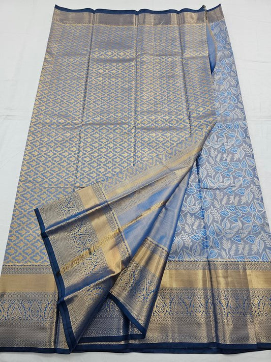 Gold And Blue Kanchipuram Pure Silk Saree With Floral Buta – Kanchipuram Lakshaya Silks