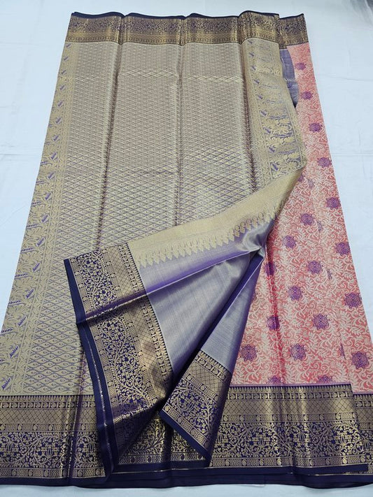 Purple And Red Kanchipuram Pure Silk Saree With Intricate Floral Pattern – Kanchipuram Lakshaya Silks