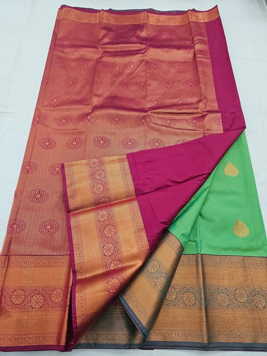 Green And Gold Kanchipuram Pure Silk Saree With Floral Buta – Kanchipuram Lakshaya Silks