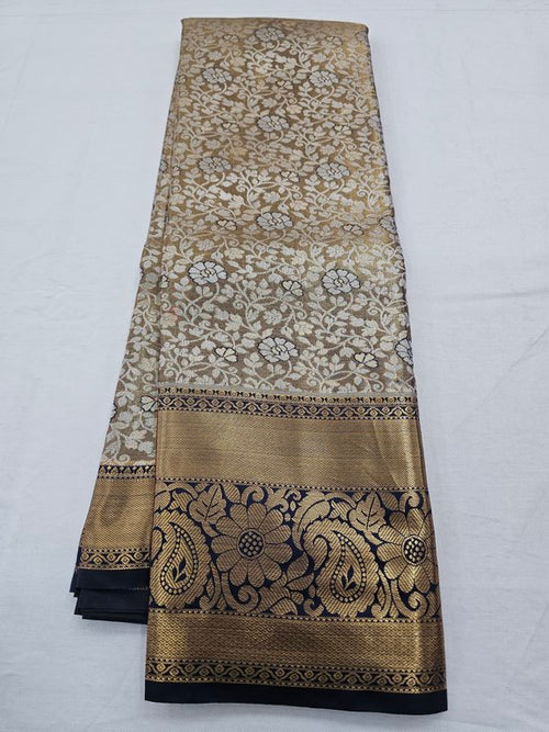 Tan And Black Kanchipuram Pure Silk Saree With Floral Design – Kanchipuram Lakshaya Silks