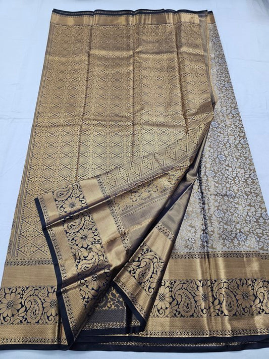 Tan And Black Kanchipuram Pure Silk Saree With Floral Design – Kanchipuram Lakshaya Silks