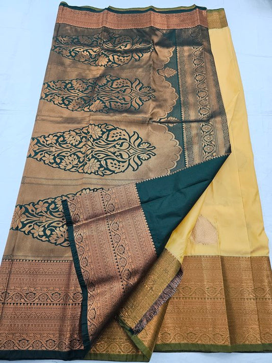 Yellow And Brown Kanchipuram Pure Silk Saree With Striped Pattern – Kanchipuram Lakshaya Silks