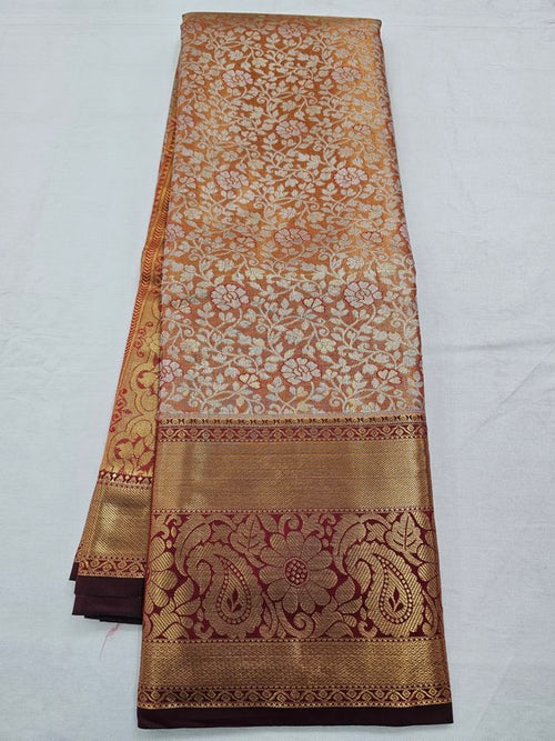 Orange And Maroon Kanchipuram Pure Silk Saree With Floral Motif – Kanchipuram Lakshaya Silks