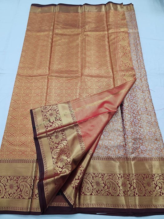 Orange And Maroon Kanchipuram Pure Silk Saree With Floral Motif – Kanchipuram Lakshaya Silks