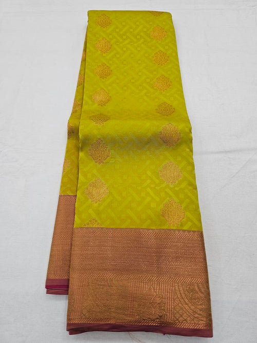 Yellow And Green Kanchipuram Pure Silk Saree With Striped Pattern – Kanchipuram Lakshaya Silks
