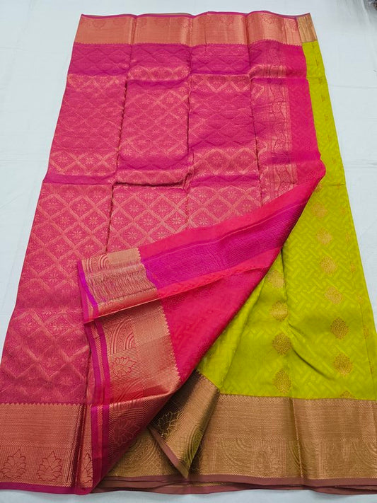 Yellow And Green Kanchipuram Pure Silk Saree With Striped Pattern – Kanchipuram Lakshaya Silks