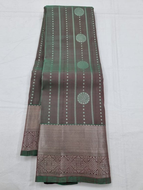 Brown And Green Kanchipuram Pure Silk Saree With Striped Pattern – Kanchipuram Lakshaya Silks