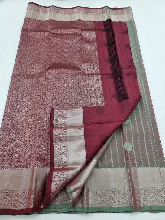 Brown And Green Kanchipuram Pure Silk Saree With Striped Pattern – Kanchipuram Lakshaya Silks
