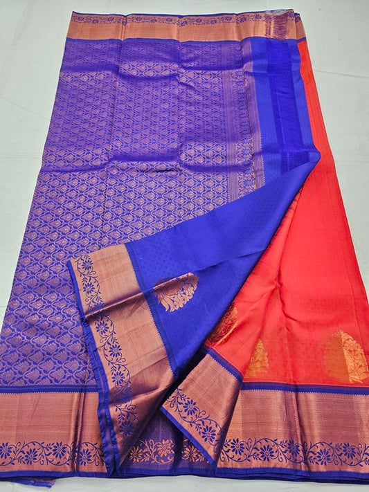 Red And Orange Kanchipuram Pure Silk Saree With Rich Pallu – Kanchipuram Lakshaya Silks