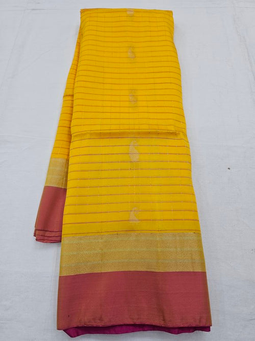 Yellow And Maroon Kanchipuram Pure Silk Saree With Diamond Pattern – Kanchipuram Lakshaya Silks