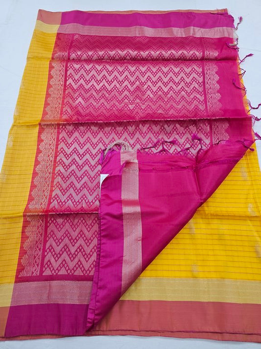 Yellow And Maroon Kanchipuram Pure Silk Saree With Diamond Pattern – Kanchipuram Lakshaya Silks