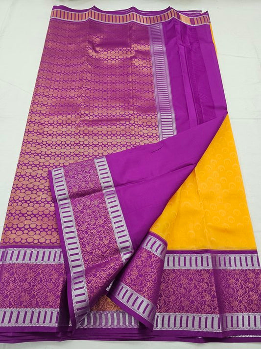 Purple And Yellow Kanchipuram Pure Silk Saree With Striped – Kanchipuram Lakshaya Silks