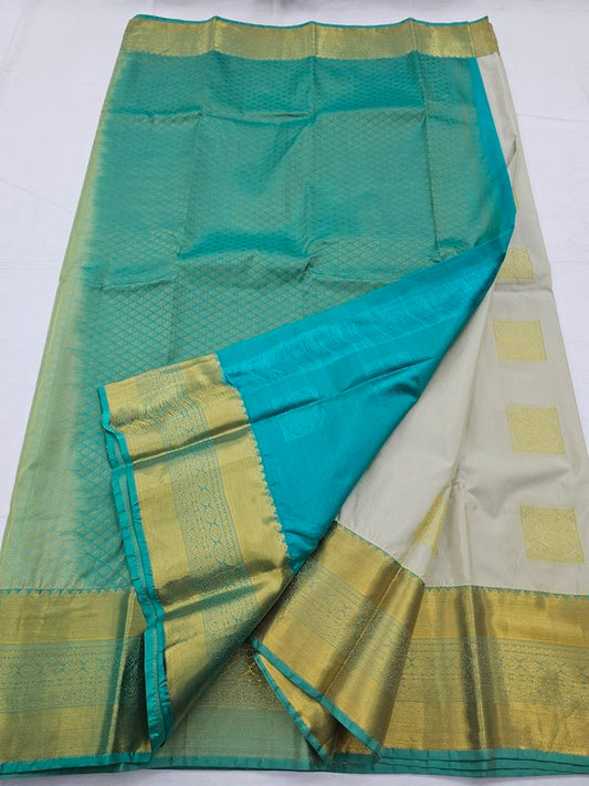 Gold And Blue Kanchipuram Pure Silk Saree With Rich Pallu – Kanchipuram Lakshaya Silks