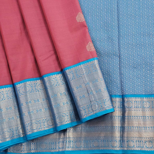 Pink And Light Blue Kanchipuram Pure Silk Saree With Temple Border – Kanchipuram Lakshaya Silks