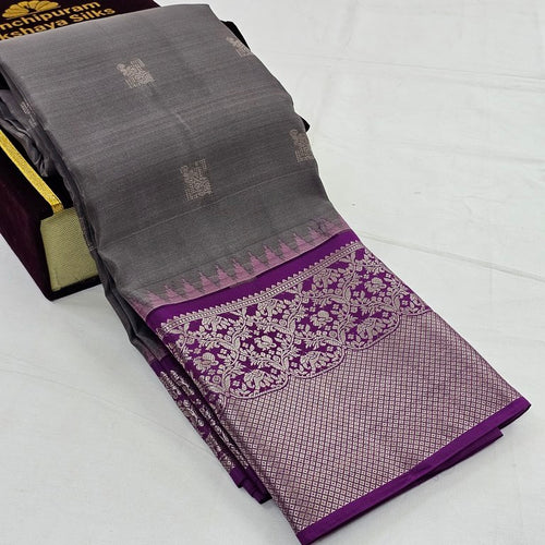 Purple And Beige Kanchipuram Pure Silk Saree With Floral Border – Kanchipuram Lakshaya Silks