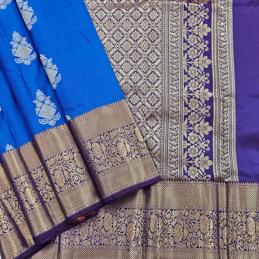 Light Blue And Mustard Kanchipuram Pure Silk Saree With Striped Pattern – Kanchipuram Lakshaya Silks